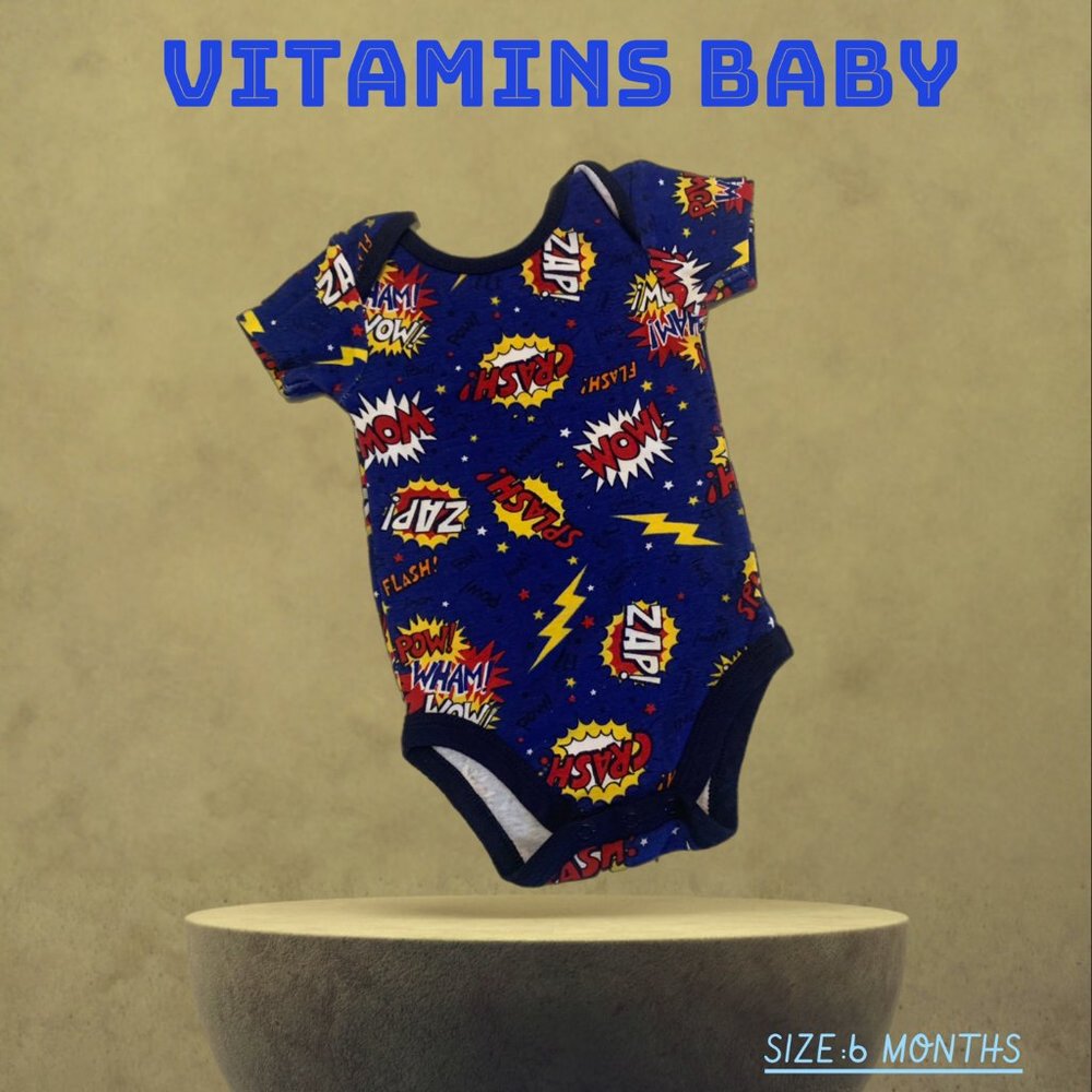 VITAMINS BABY ONE PIECE BODYSUIT MODERN SPACE THEME NAVY COLOUR SIZE 6 MONTHS